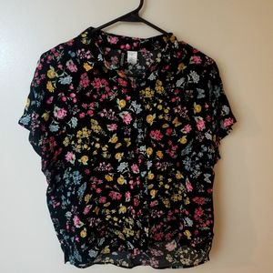 Black floral collared button-up shirt